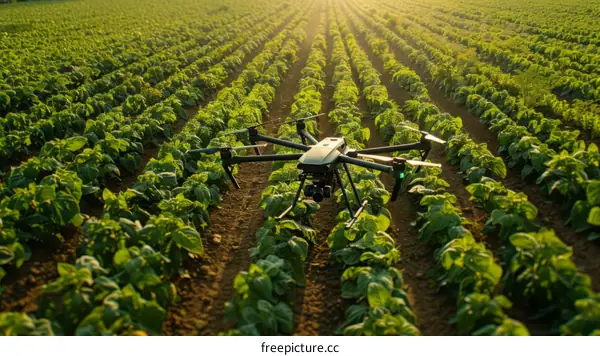 Unmanned Aerial Vehicle (UAV) Capturing Views of Lush Green Agricultural Farmland