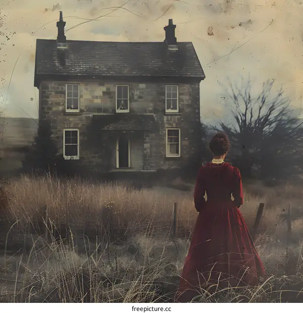 Lady in red dress standing in front of haunted house