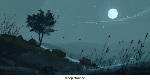 Night Sky with Full Moon and a Lone Tree