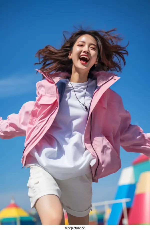 Cheerful young Asian woman in a pink jacket running and jumping with joy and excitement