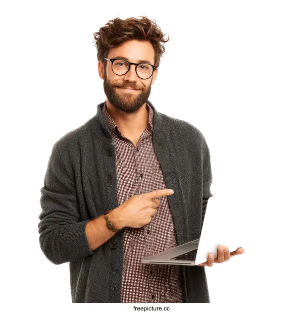 [Transparent Background PNG]Man with Laptop Pointing, Casual Style