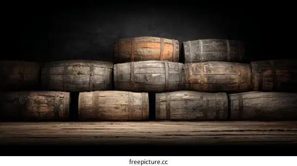 Vintage Wooden Barrels Stacked on a Wooden Surface