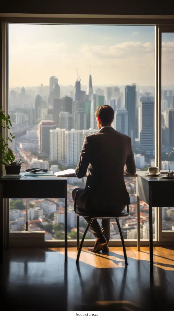 Ambitious Businessman Looking Out at City Skyline