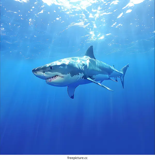 great white shark swimming in deep blue ocean