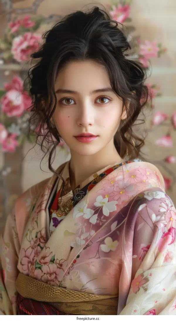 Portrait of a beautiful Asian woman in traditional Japanese kimono