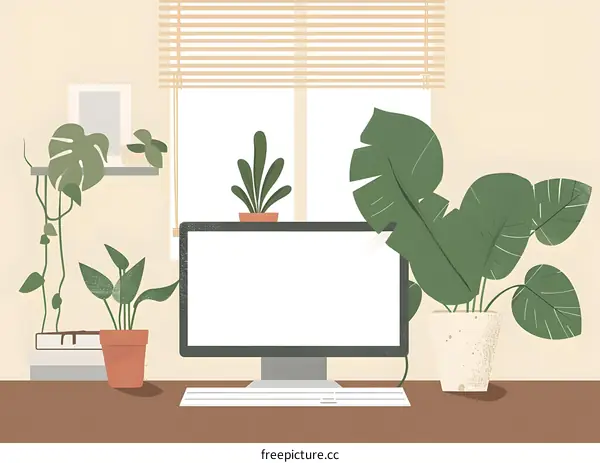 Minimalist Home Office Desk With Plants and Computer