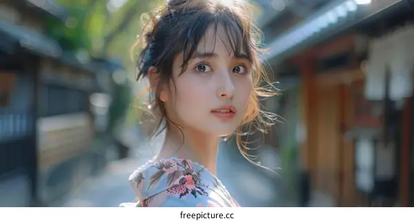 Asian Woman in Traditional Japanese Kimono in a Japanese Town