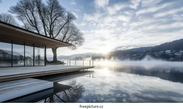 Lakeside Cabin at Sunrise with Misty Atmosphere