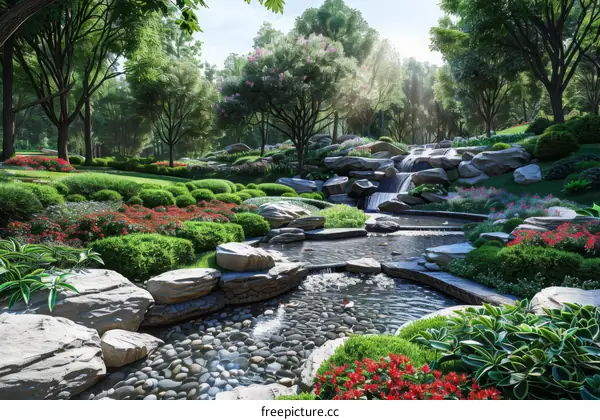 Beautiful Landscaping with Large Rocks and a Creek Meandering Through