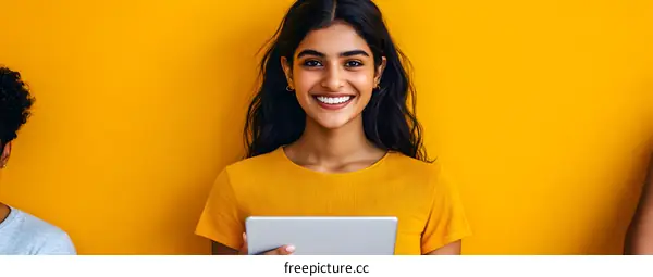 Smiling Woman Using Tablet Against Yellow Background