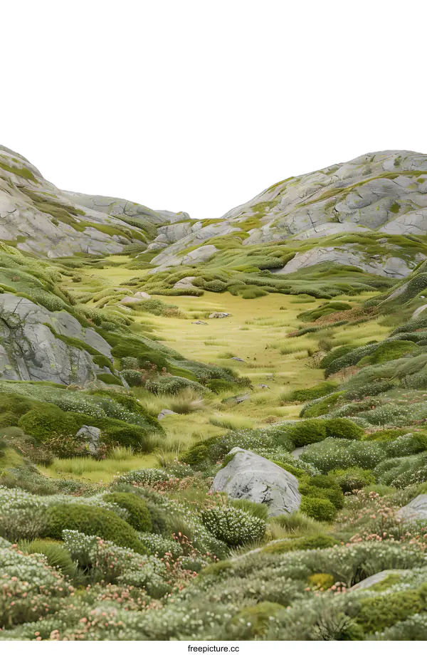 [Transparent Background PNG]Green Grass Landscape with Rocky Hills in the Background