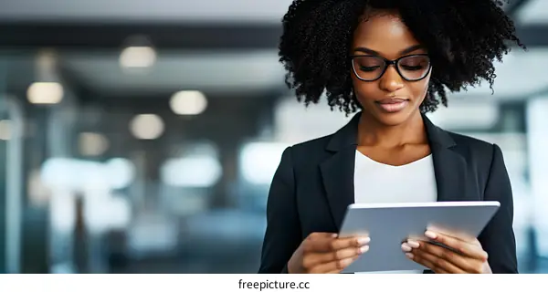 African American Businesswoman Using Tablet in Modern Office