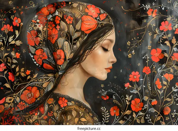 A painting of a lady wearing a floral headscarf