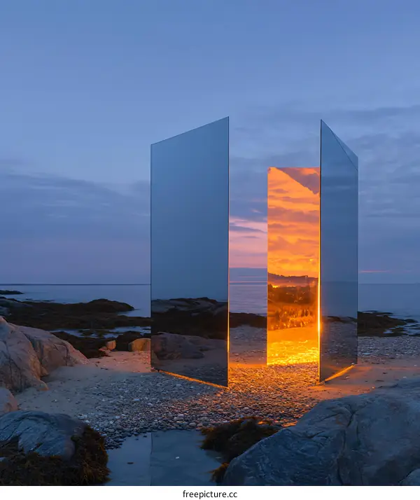 Sunset Reflected In Mirror Sculpture On The Beach