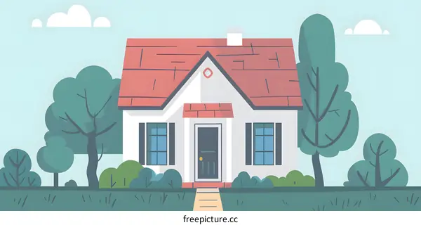 Cartoon Illustration Of A Simple House In A Green Lawn