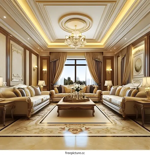 Elegant Living Room Interior Design With Chandelier And Floral Arrangement