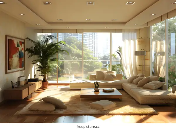 Bright apartment living room with large windows and plants