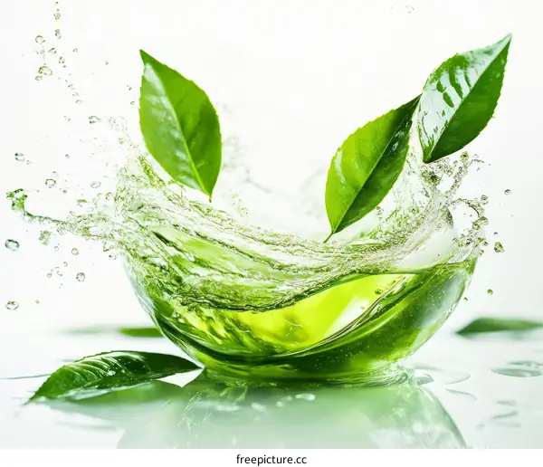 Green Tea Leaves Splashing in Water