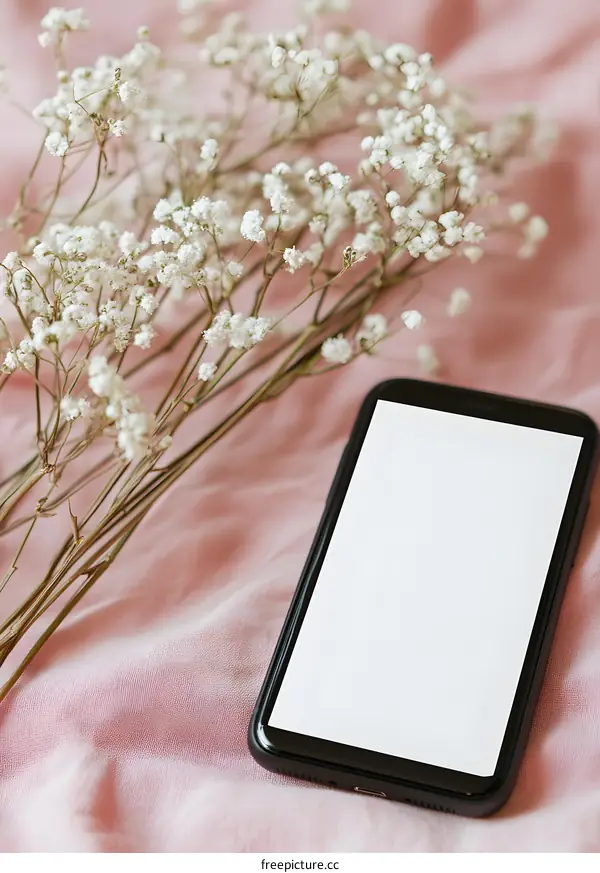 White Flowers with Phone on Pink Fabric