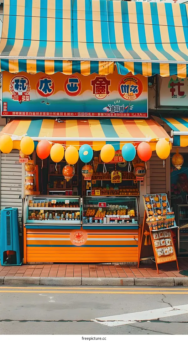 Street Food Store in Hong Kong with Colorful Balloons