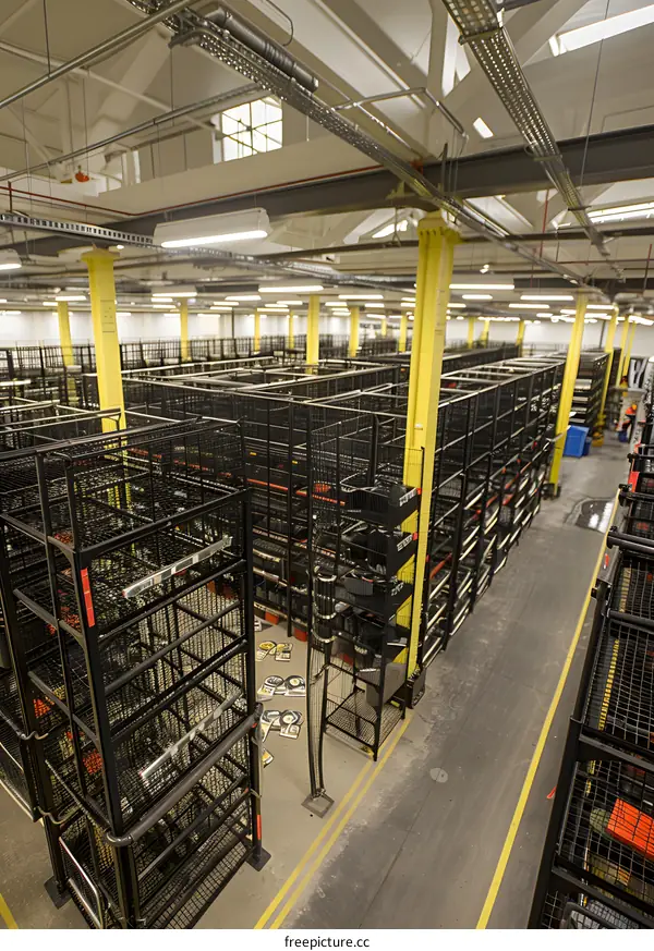 Warehouse Interior with Metal Shelving and Yellow Lines