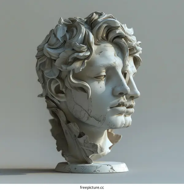 Marble sculpture of a male head with curly hair