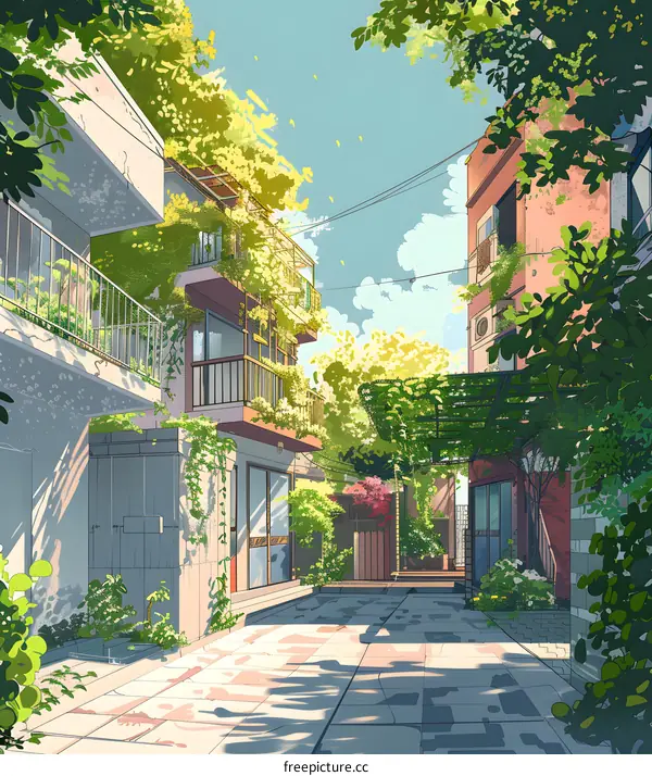 Beautiful Illustration of a Back Alley in Japan with Lush Greenery