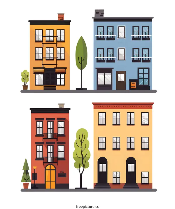 Colorful Illustration of Buildings with Trees