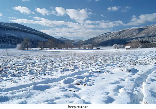 Snow-covered field with a forest in the distance