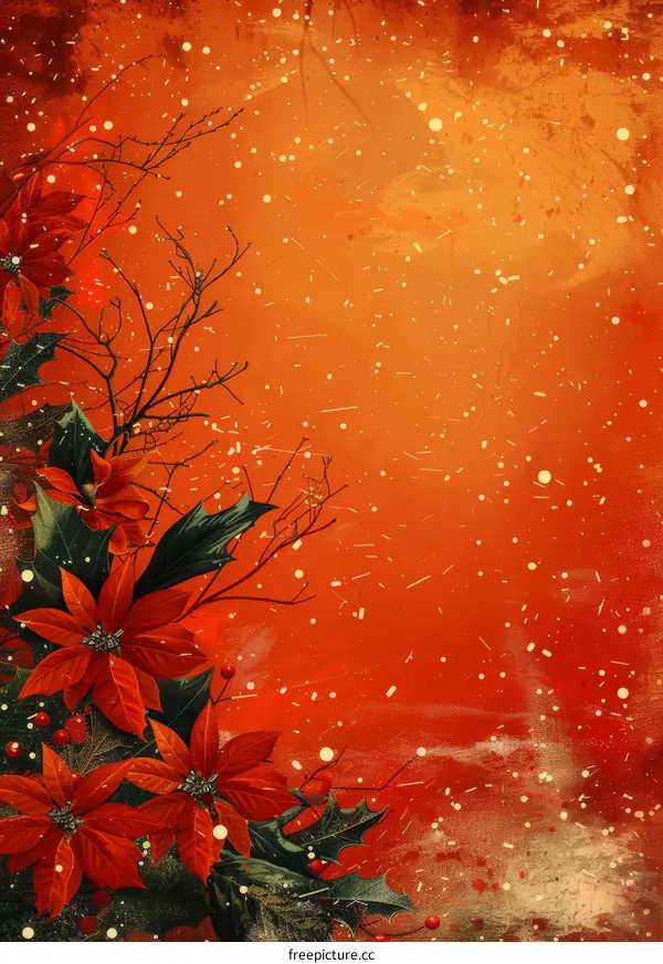 Christmas poinsettia with berries and holly leaves on orange background