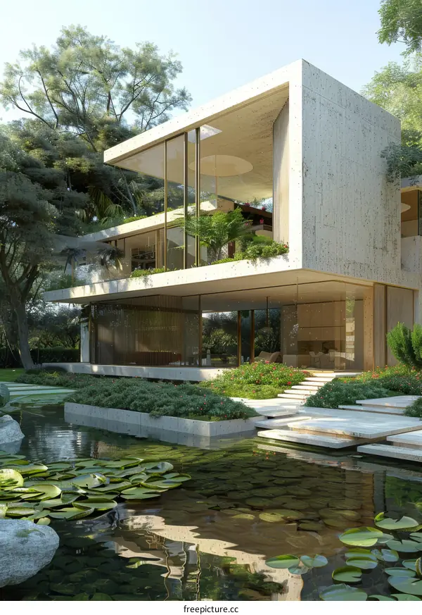 Modern Concrete House with Lush Garden and Water Feature