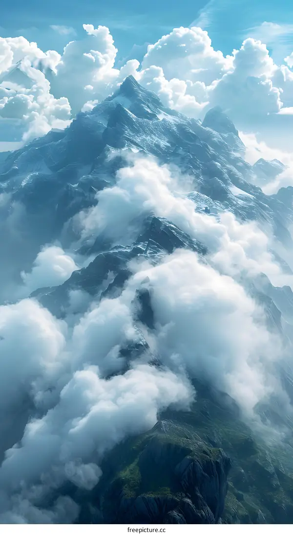 The mountain covered with snow and clouds