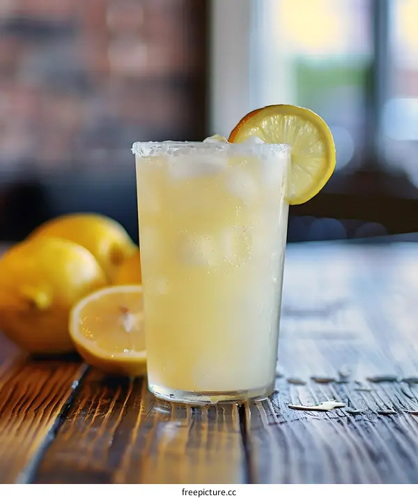 Glass of Lemonade with Ice and Lemon Slice on Wooden Table