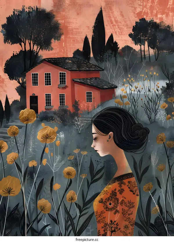 An illustration of a woman standing in a field of flowers with a house in the background