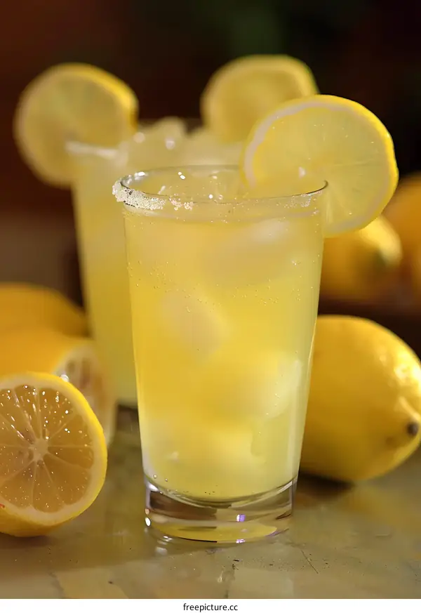 Glass of Lemonade With Ice and Lemon Slices