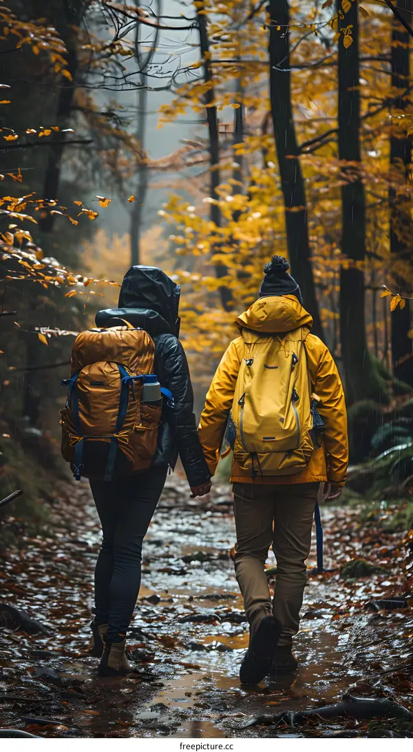 A couple is hiking in the woods. It is fall, and the leaves are turning yellow.