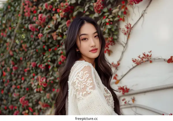 Woman in White Sweater with Floral Background
