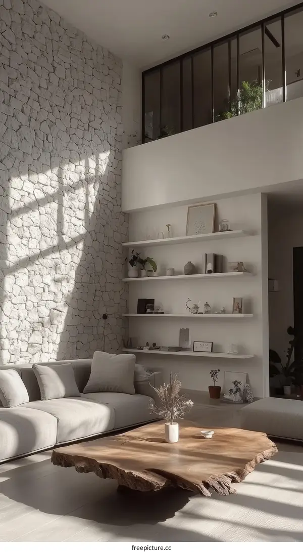 Modern Minimalist Living Room with Natural Stone Wall