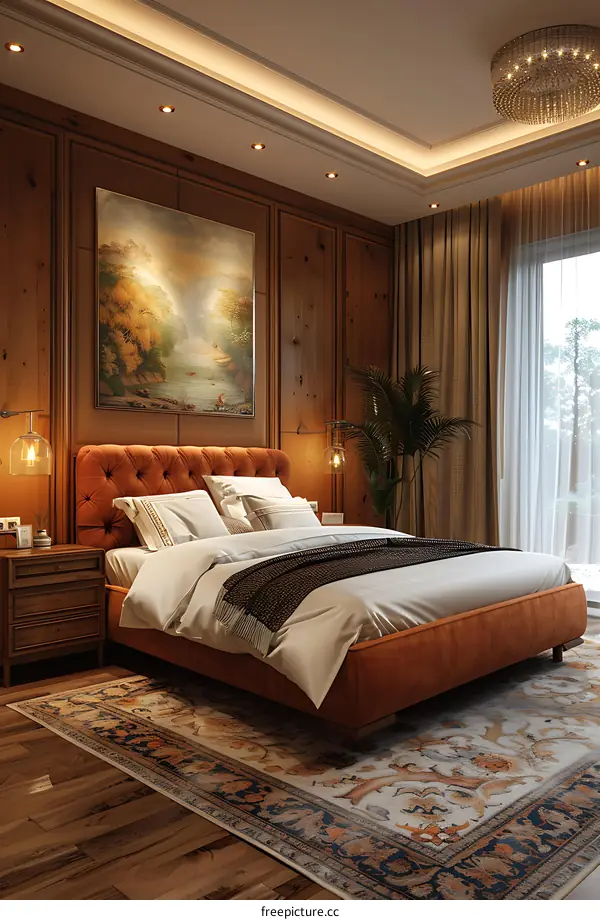 A cozy bedroom with wood paneling, a large painting, and a soft bed