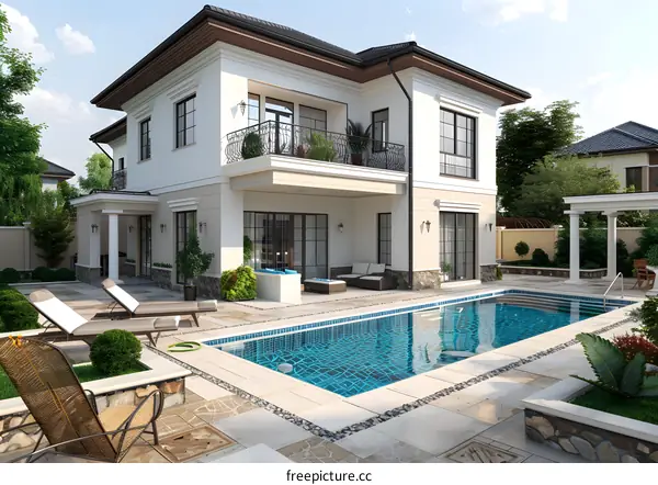 A luxurious two-story house with a pool and a beautiful yard