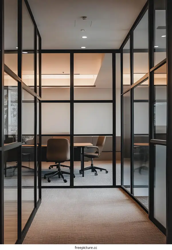 Modern Office Interior Design with Glass Walls and Carpeting