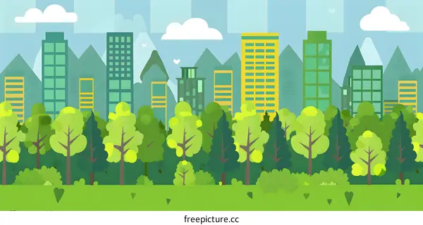 Green Cityscape with Tall Buildings and Trees