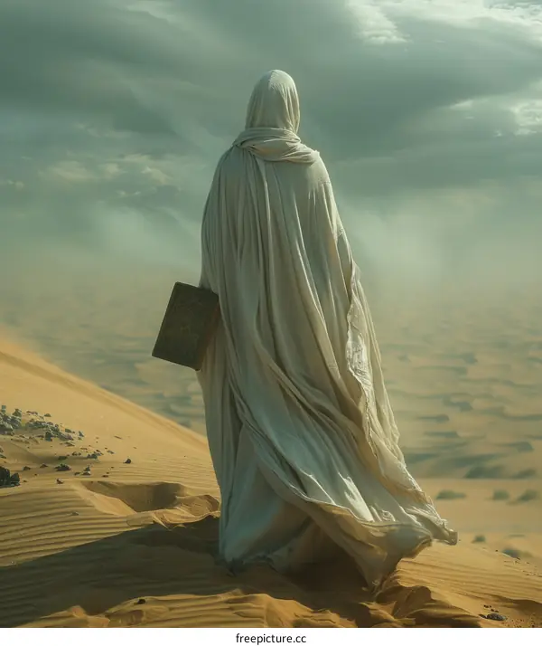 A person in a white robe is walking in the desert