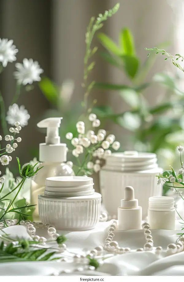 Natural skincare products with green leaves and white flowers