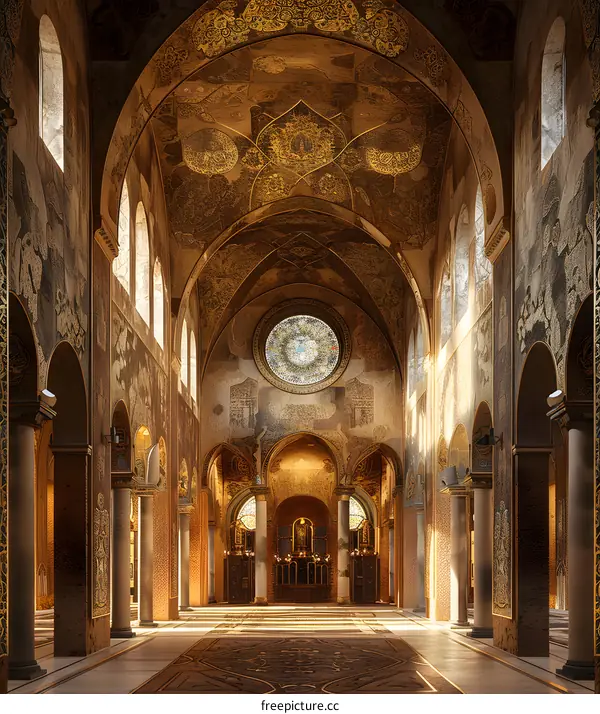 ornate interior of a domed and columned basilica