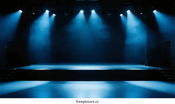 Stage with blue spotlights and empty performance area