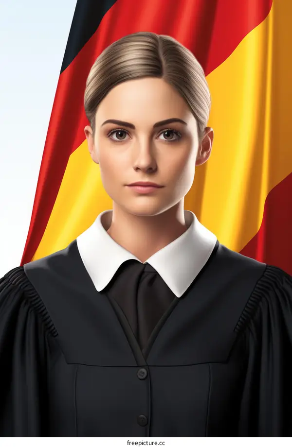 A female judge in a black robe with the German flag in the background