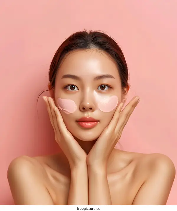 Asian Woman with Pink Face Mask on Pink Background