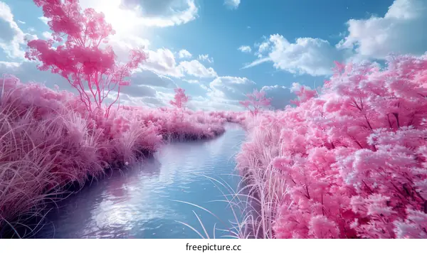 Pink surreal forest landscape with a river running through it