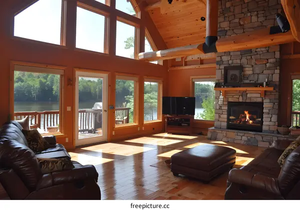 Spacious living room with large windows and a fireplace